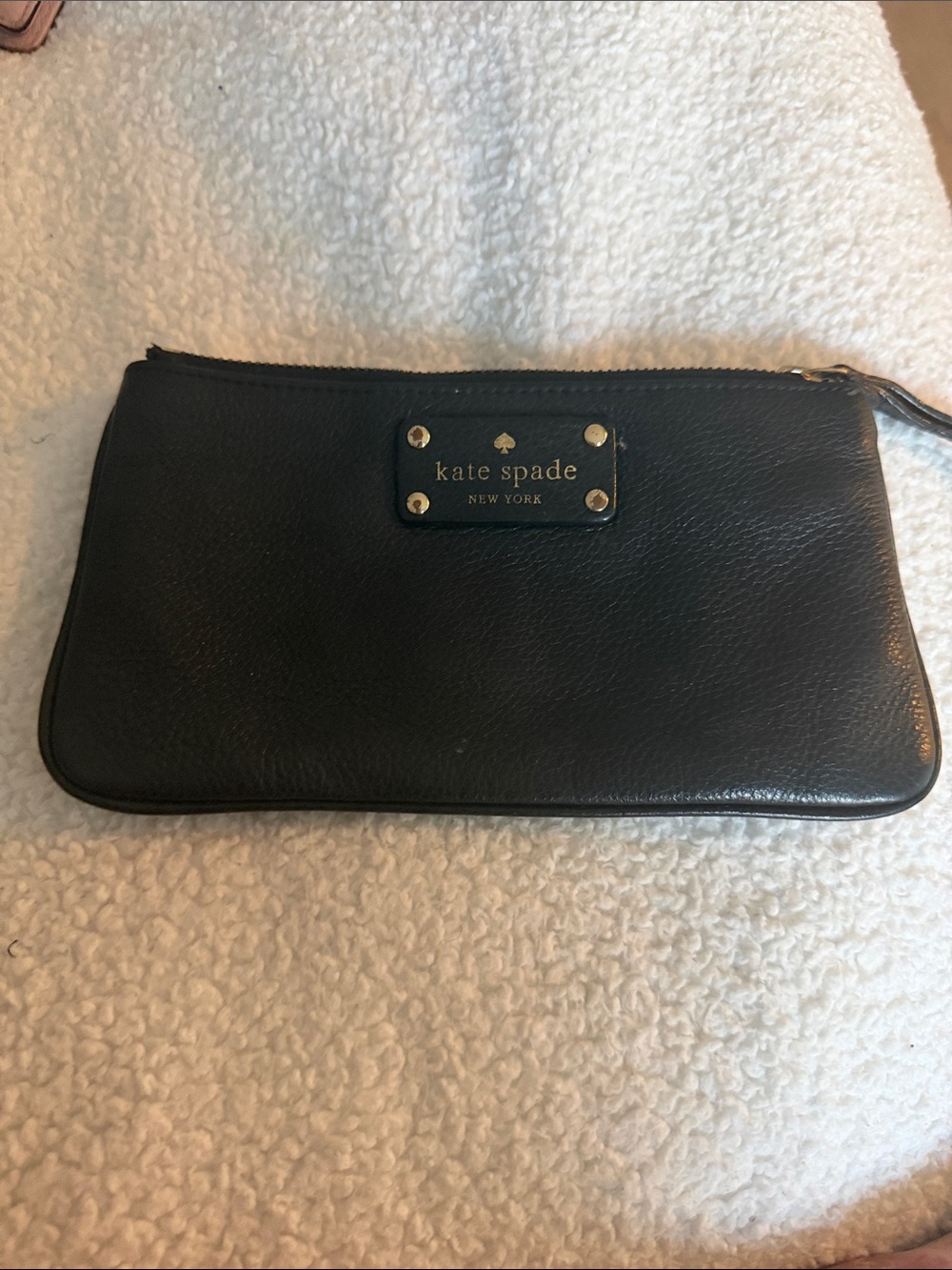 kate spade Black Leather Zip Wristlet with Gold Plaque